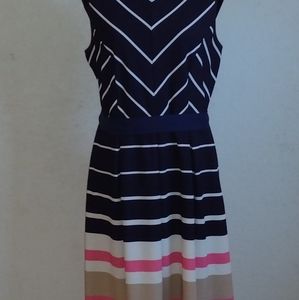 EUC I LE New York Navy&White w/ pink and tan stripe A line Fit and Flare Midi 12